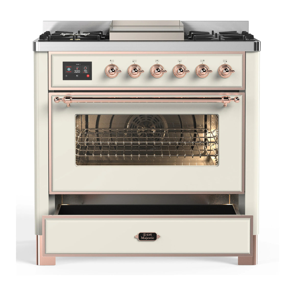 Antique white dual fuel range with copper trim, open oven door and interior oven cavity