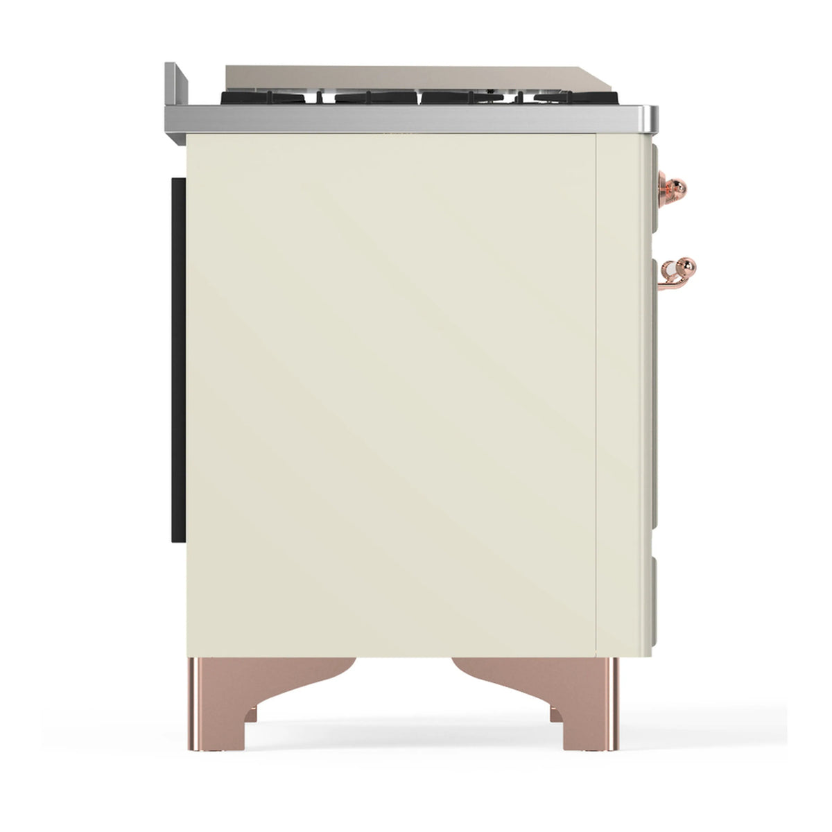 Antique white dual fuel range with copper trim, side view with oven door closed
