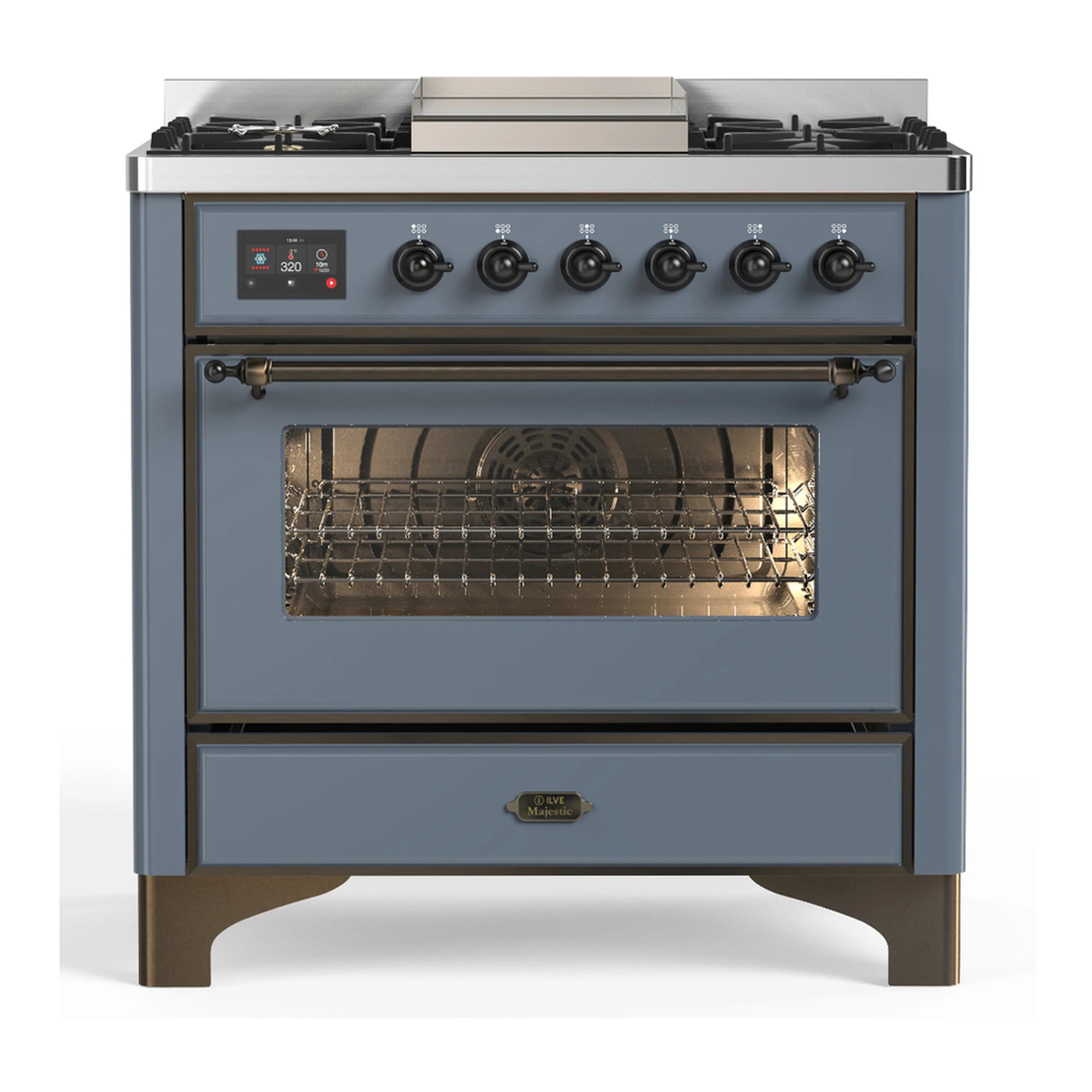 Blue grey dual fuel range with open electric oven door and metal rack inside