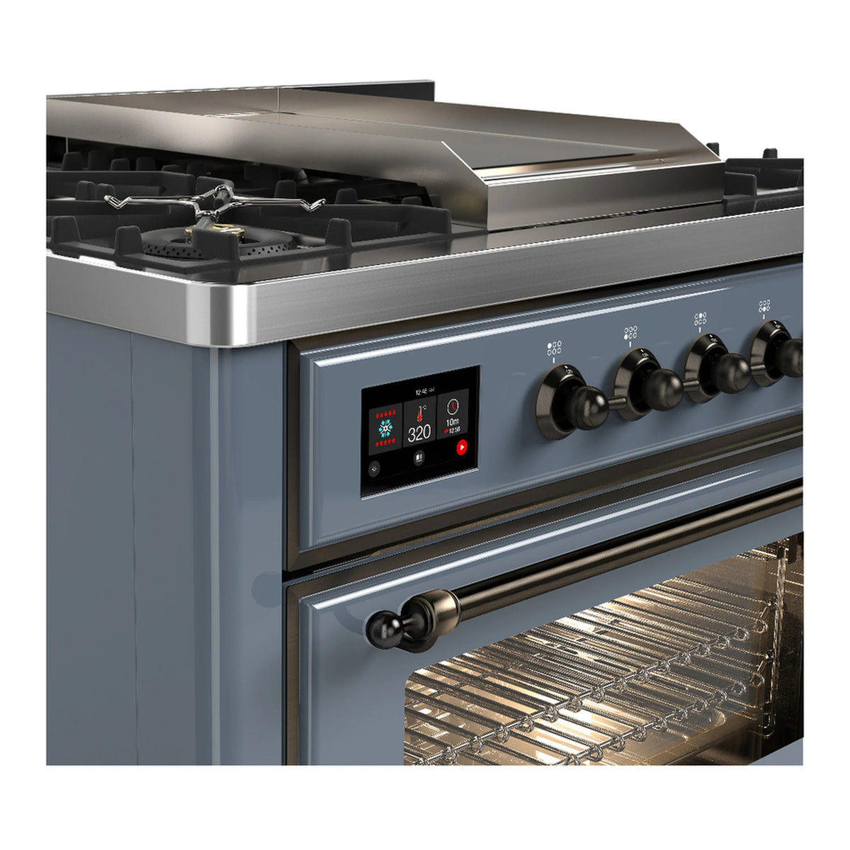 Blue grey oven front with control panel, black knobs, and open broiler/griddle area