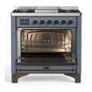 ILVE Majestic III 36-inch Dual Fuel Range with 6 Natural Gas Burner, Griddle and Triple Glass Door Electric Oven in Blue Grey with Burnished Trim (UM36FNR3BGB)