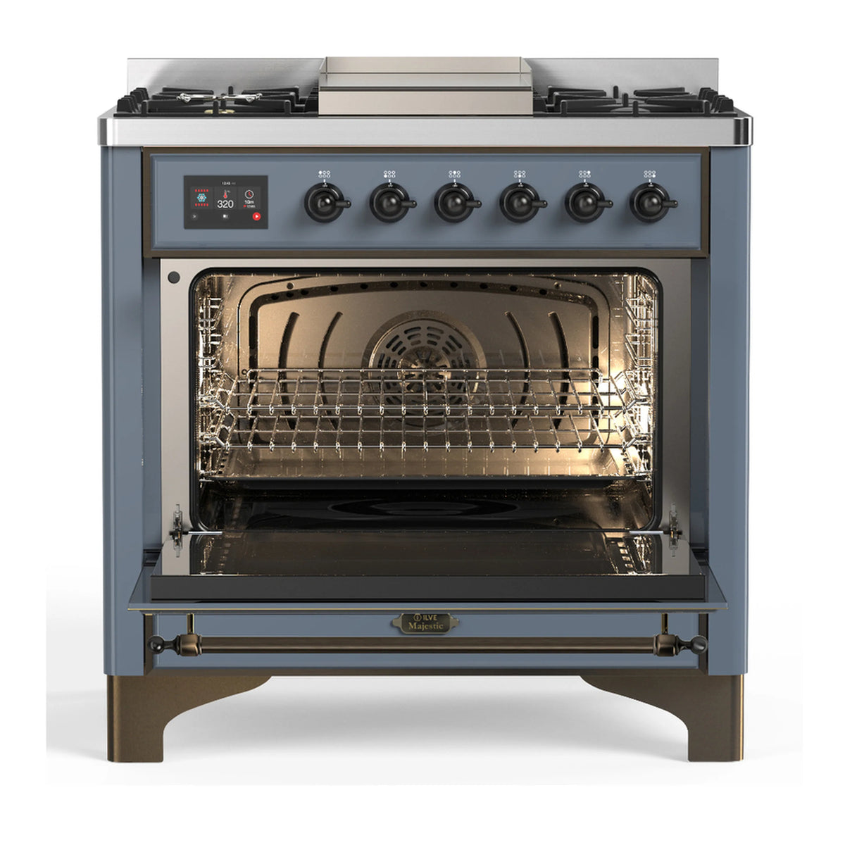 Blue grey oven with open triple-glass window, wire rack, and visible back heating