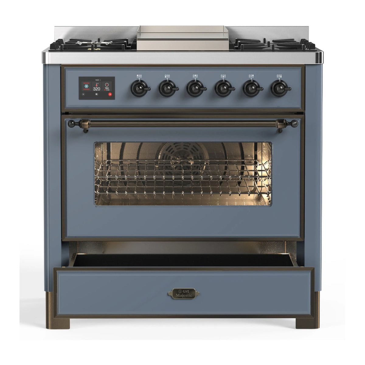 Blue grey dual fuel range with open oven door, cooktop burners, and front warming drawer
