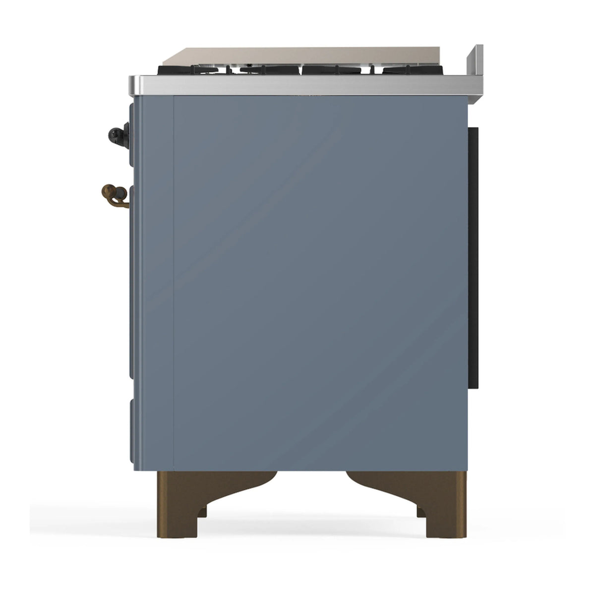 Blue grey side of dual fuel range with rear corner details and matching trim