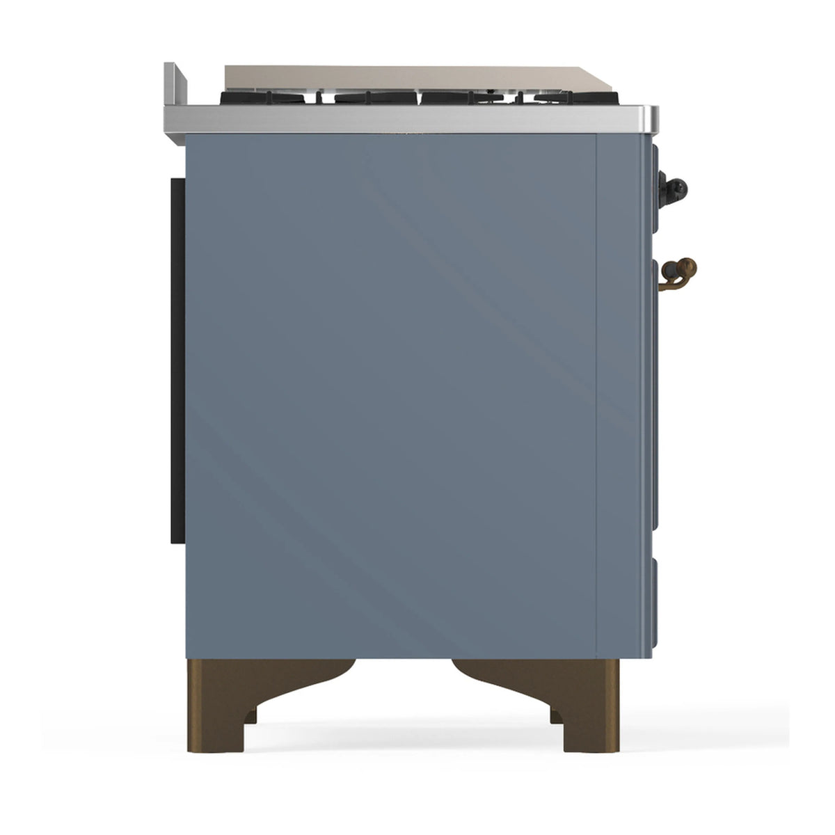Blue grey back of dual fuel range with side handles and rear panel