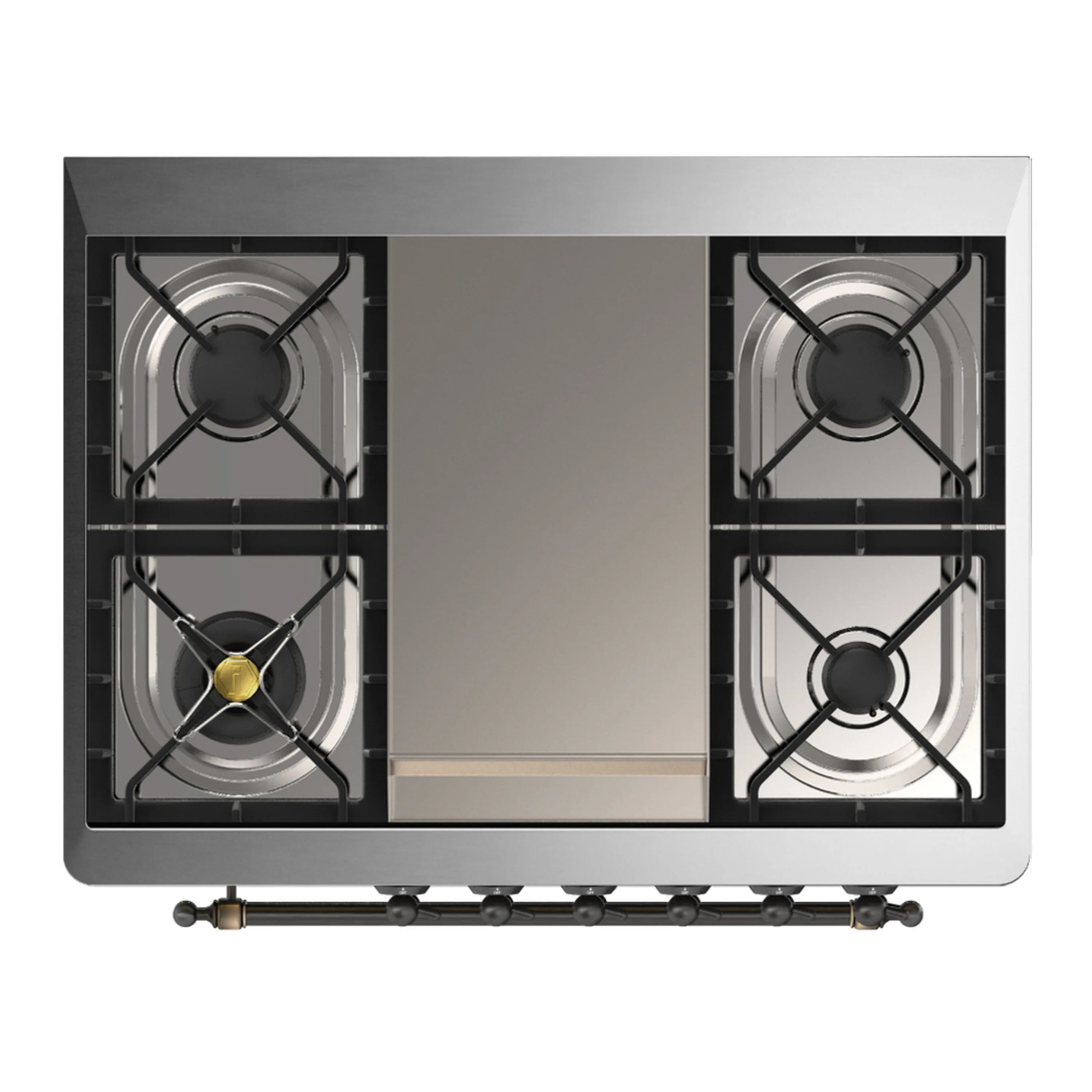 Cooktop view with four gas burners, grates removed, and control knobs along bottom