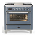 ILVE Majestic III 36-inch Dual Fuel Range with 6 Natural Gas Burner, Griddle and Triple Glass Door Electric Oven in Blue Grey with Chrome Trim (UM36FNR3BGC)