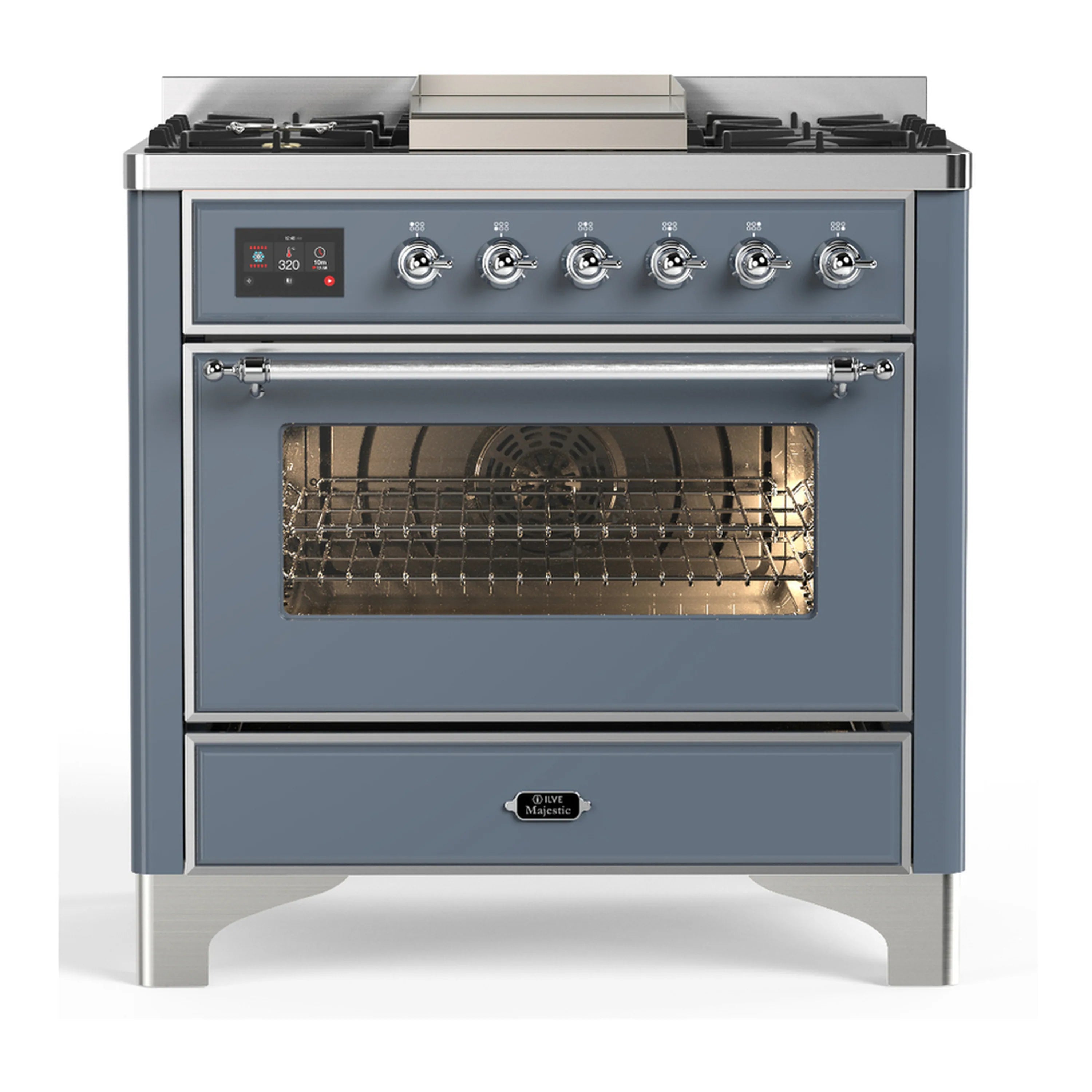 Blue grey dual fuel range with chrome control panel, burners, and oven door with handle