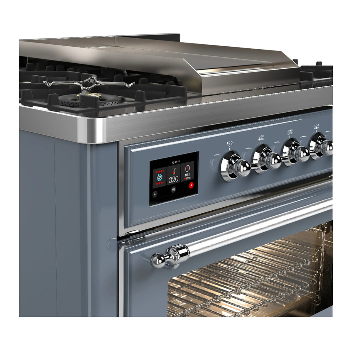 Blue grey dual fuel range with chrome trim, control knobs, and open oven door view