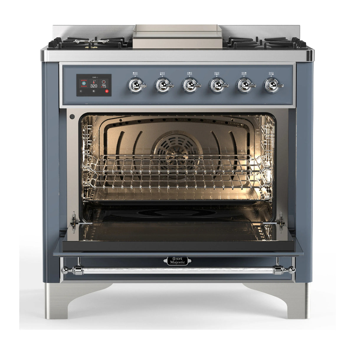 Blue grey dual fuel range with open electric oven door showing wire rack and heating element