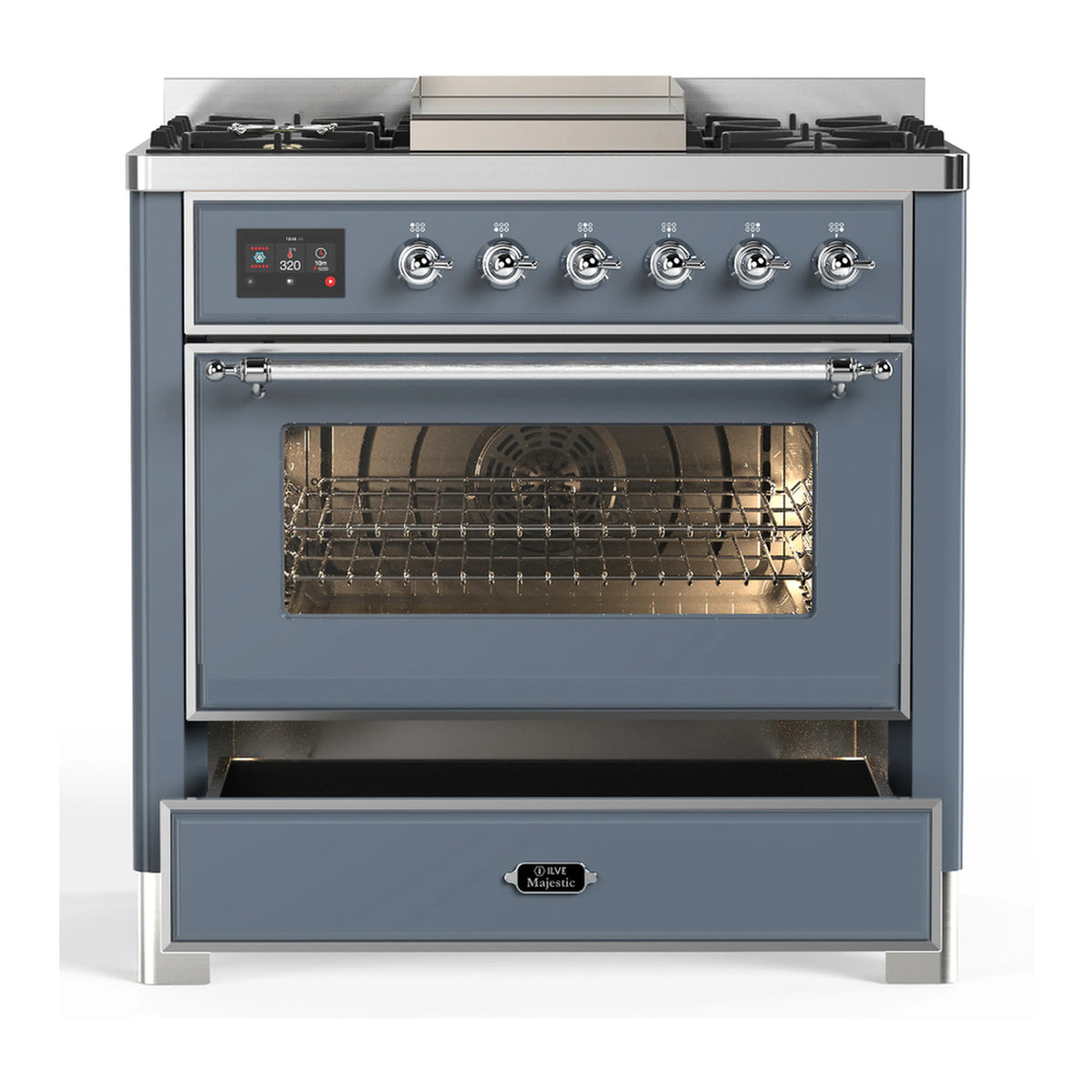 Blue grey dual fuel range with oven window and pull-out storage drawer below
