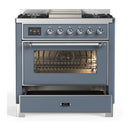 ILVE Majestic III 36-inch Dual Fuel Range with 6 Natural Gas Burner, Griddle and Triple Glass Door Electric Oven in Blue Grey with Chrome Trim (UM36FNR3BGC)