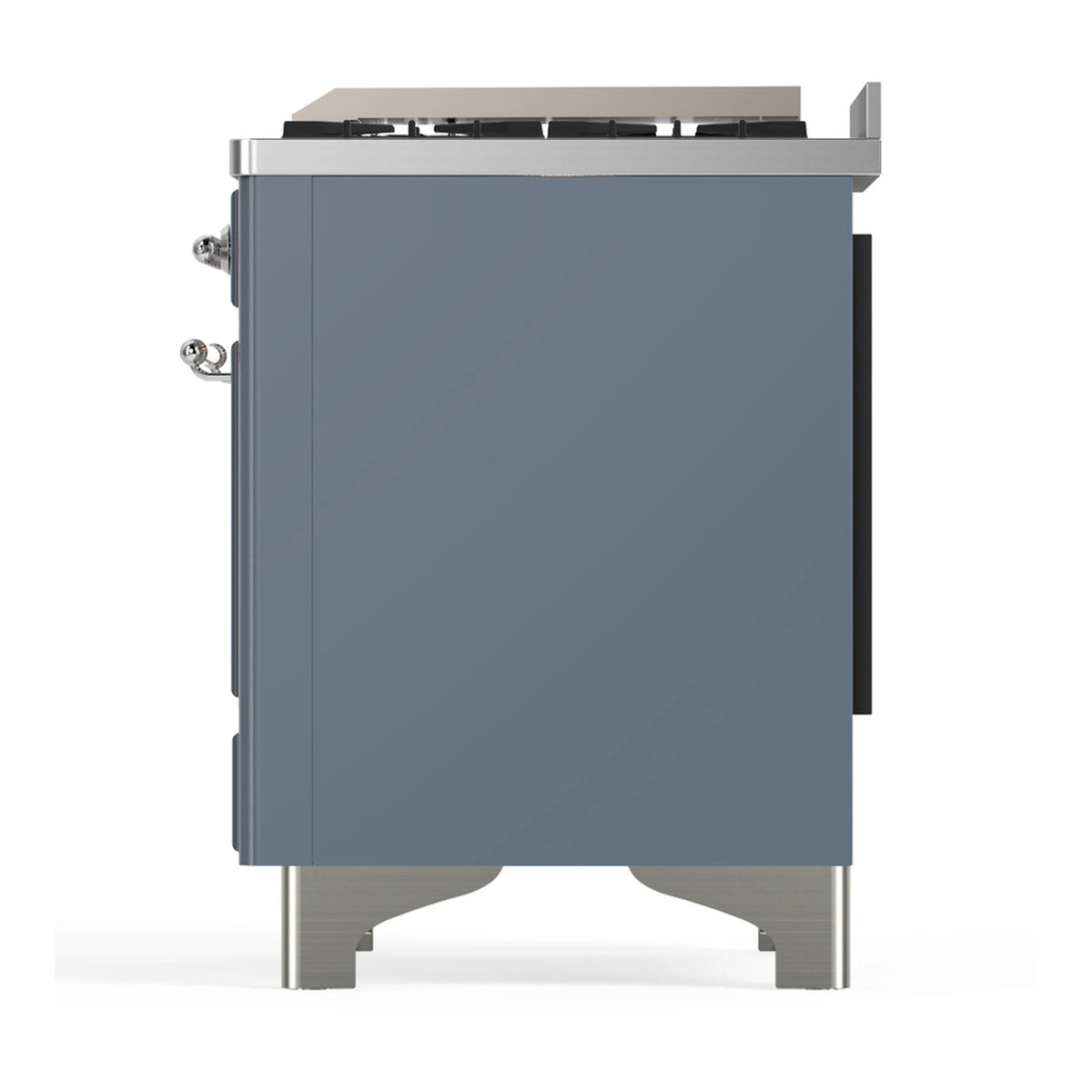 Blue grey dual fuel range side panel with chrome trim and control knob detail
