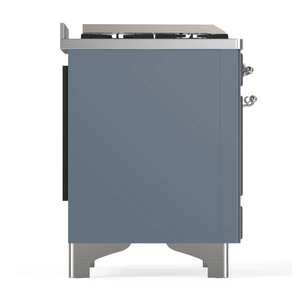 Blue grey dual fuel range rear side view with chrome corner feet and trim