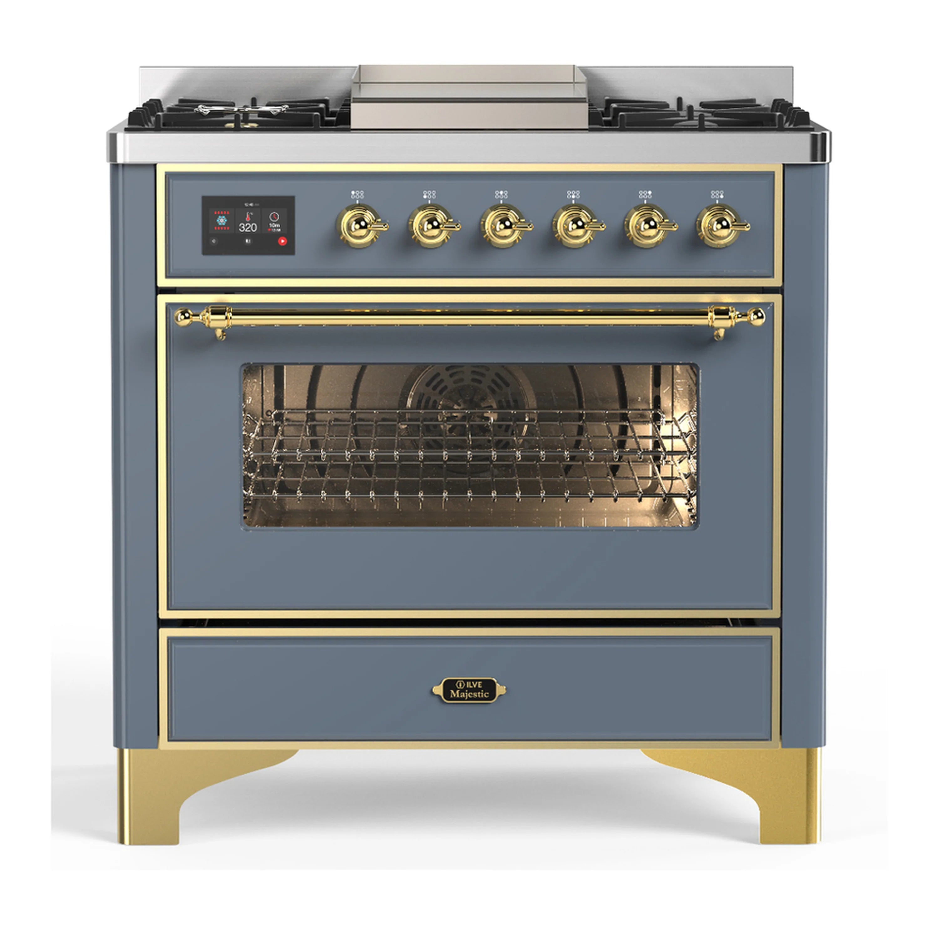 Blue grey dual fuel range with brass trim, oven glass window and control panel