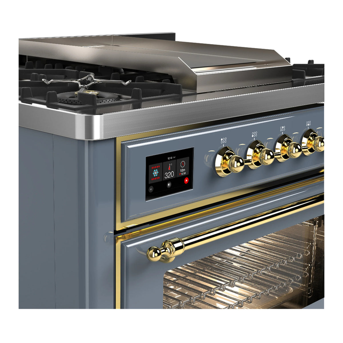 Close-up of dual fuel range control panel with brass knobs and oven interior