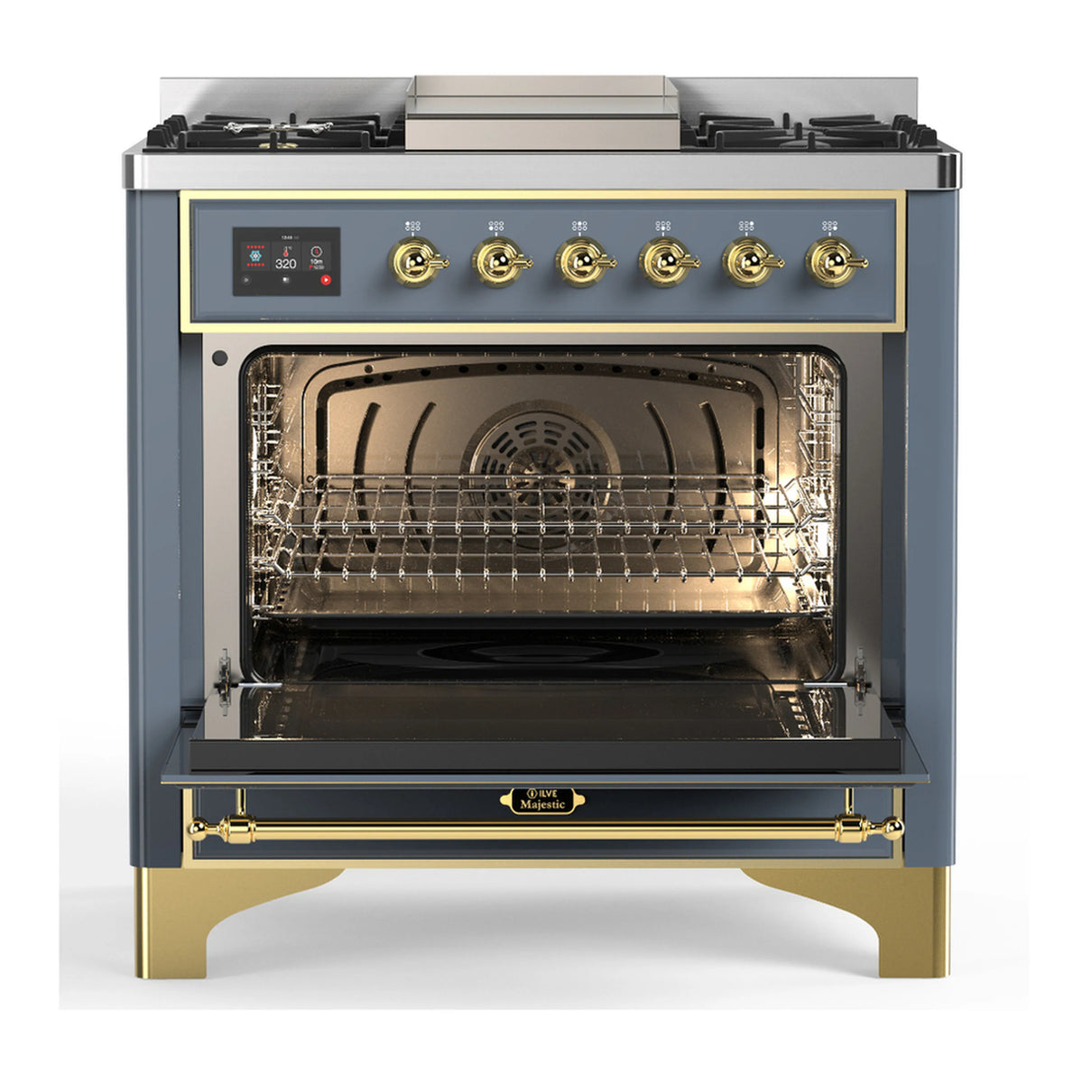 Blue grey dual fuel range with brass trim and open oven door, showing interior racks
