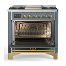 ILVE Majestic III 36-inch Dual Fuel Range with 6 Natural Gas Burner, Griddle and Triple Glass Door Electric Oven in Blue Grey with Brass Trim (UM36FNR3BGG)