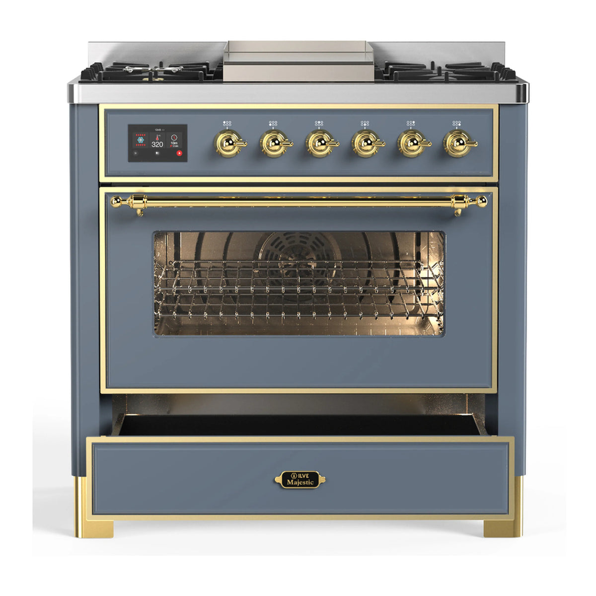 Blue grey dual fuel range with brass trim, oven window and lower storage drawer