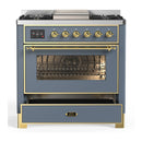 ILVE Majestic III 36-inch Dual Fuel Range with 6 Natural Gas Burner, Griddle and Triple Glass Door Electric Oven in Blue Grey with Brass Trim (UM36FNR3BGG)