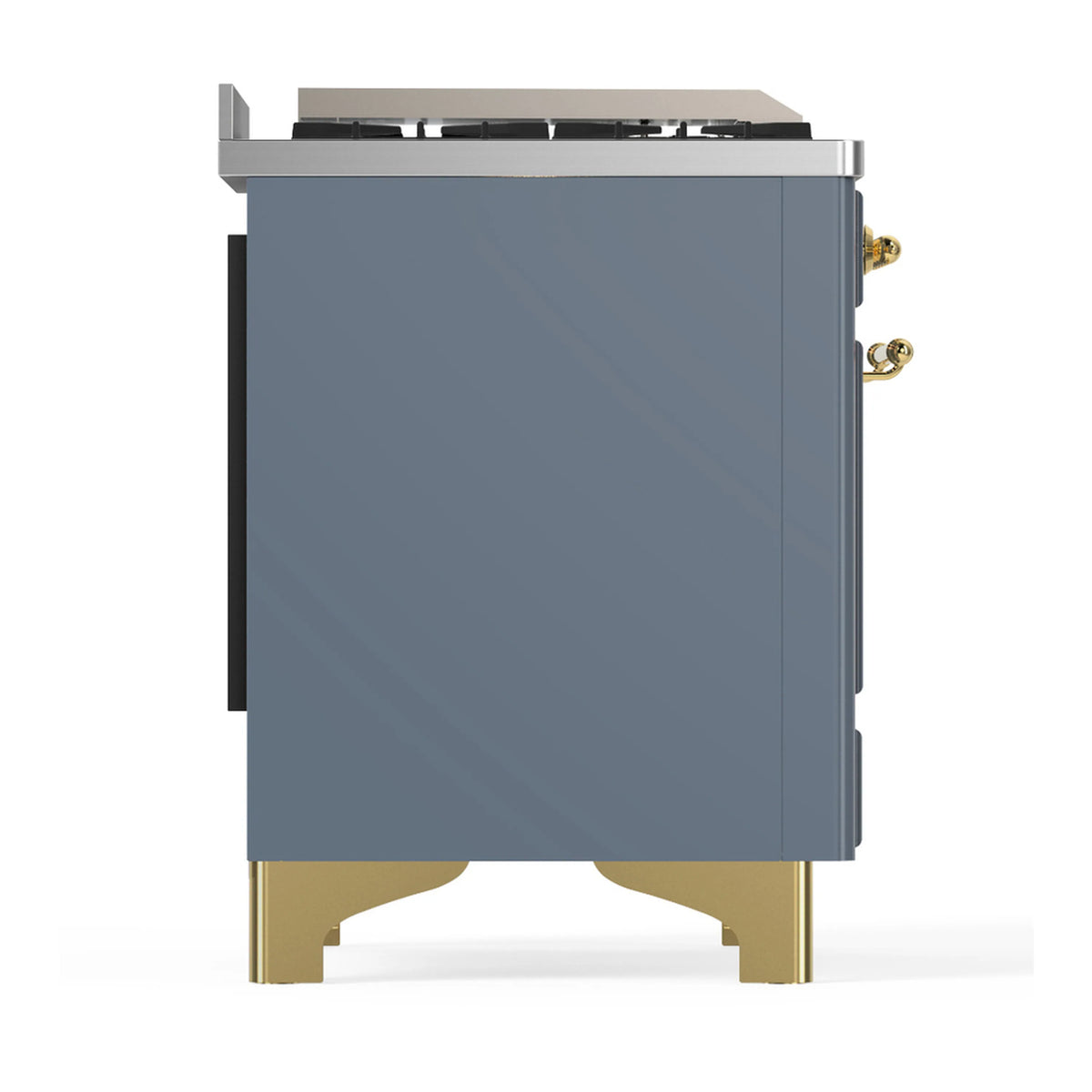 Blue grey rear side panel of dual fuel range with brass knobs and base legs