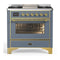 ILVE Majestic III 36-inch Dual Fuel Range with 6 Natural Gas Burner, Griddle and Triple Glass Door Electric Oven in Blue Grey with Brass Trim (UM36FNR3BGG)