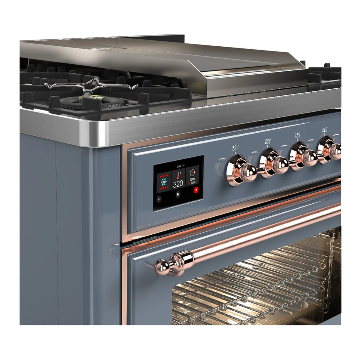 Blue grey dual fuel range side view with copper knobs and glowing control display