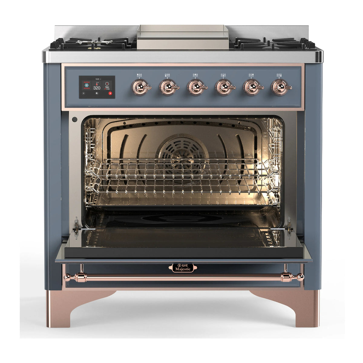 Blue grey dual fuel range with copper trim, open oven door showing racks and interior light