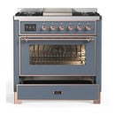 ILVE Majestic III 36-inch Dual Fuel Range with 6 Natural Gas Burner, Griddle and Triple Glass Door Electric Oven in Blue Grey with Copper Trim (UM36FNR3BGP)