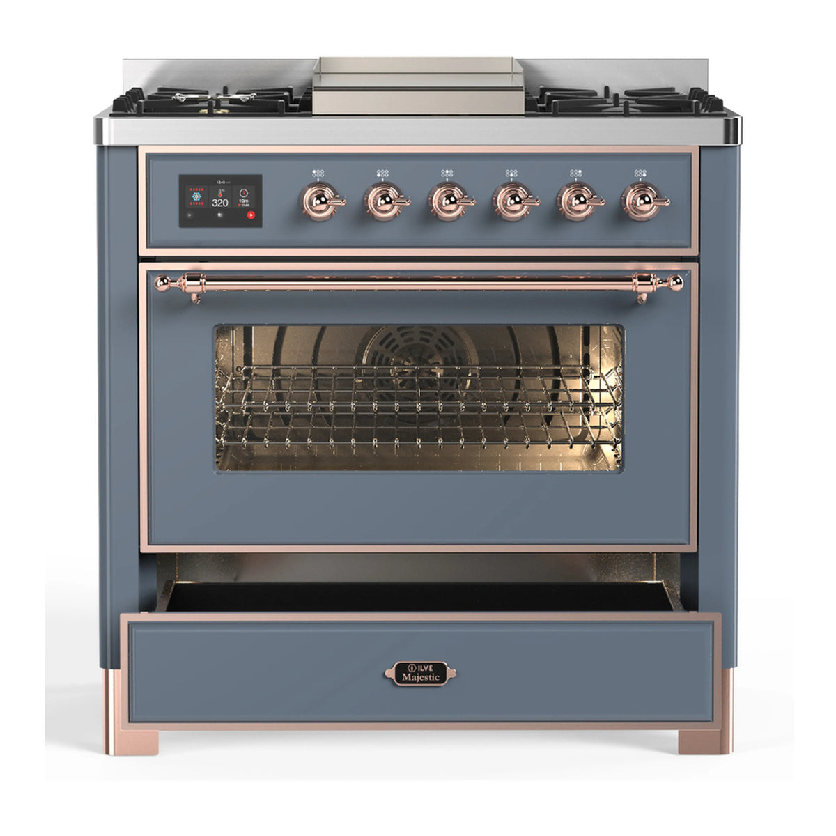 Blue grey dual fuel range with oven window, control panel, and copper handle accents