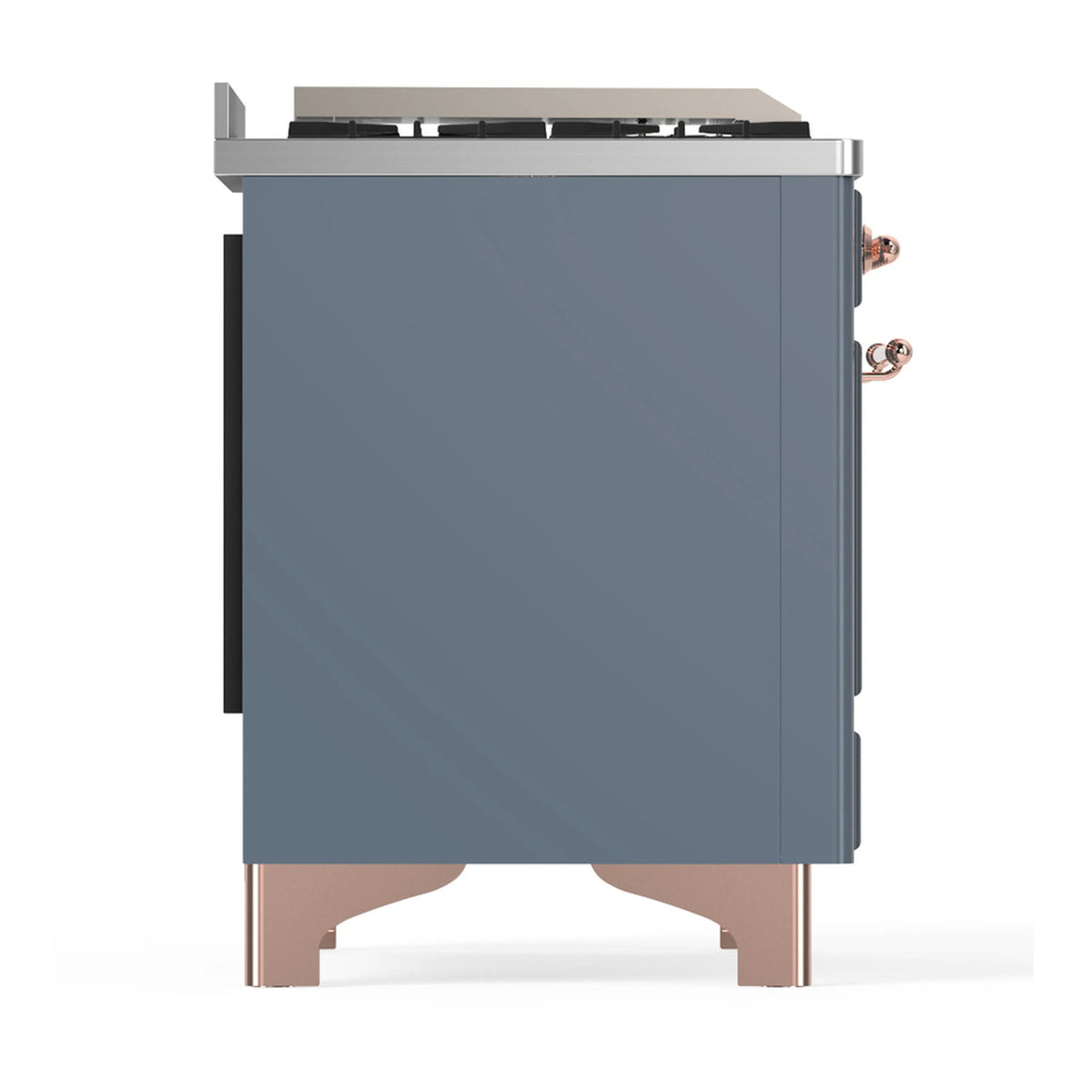 Blue grey dual fuel range angled back view with copper trim and corner hardware