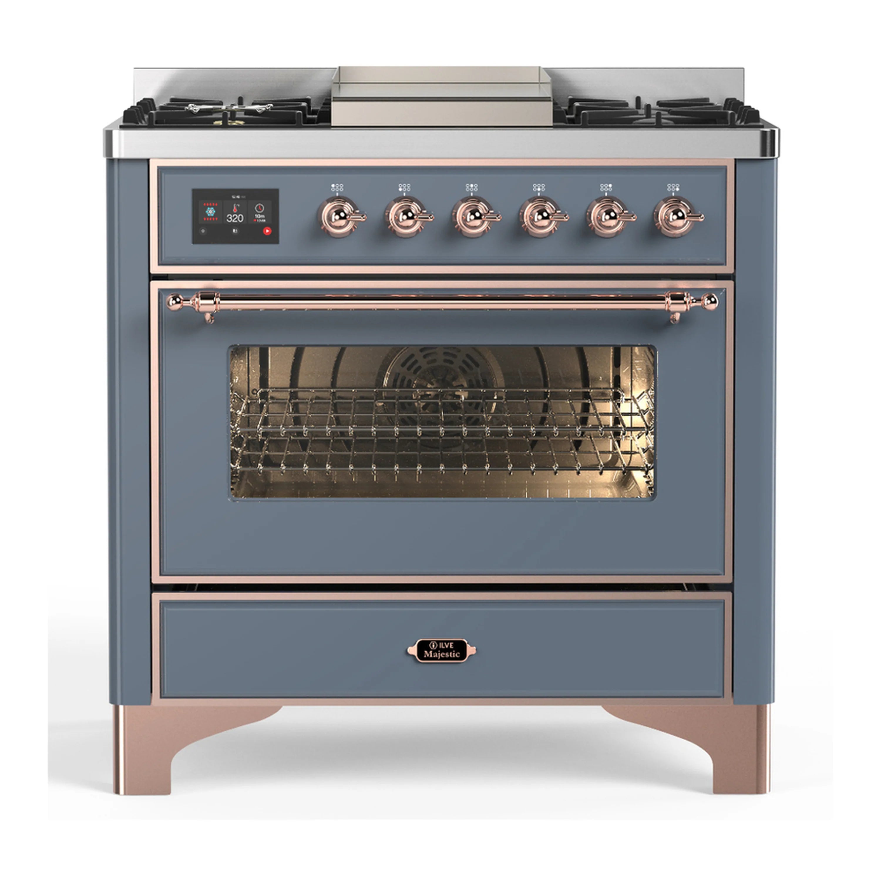 Blue grey dual fuel range with copper trim, control panel and five gas burners
