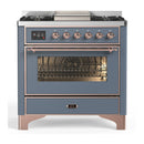 ILVE Majestic III 36-inch Dual Fuel Range with 5 Liquid Propane Burner, Griddle and Triple Glass Door Electric Oven in Blue Grey with Copper Trim (UM36FNR3BGPLP)