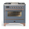 ILVE Majestic III 36-inch Dual Fuel Range with 6 Natural Gas Burner, Griddle and Triple Glass Door Electric Oven in Blue Grey with Copper Trim (UM36FNR3BGP)