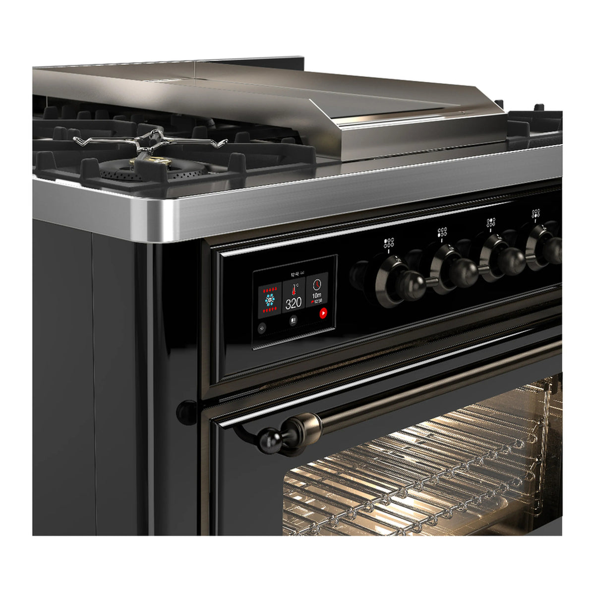 Glossy black dual fuel range control panel with rotary knobs and digital display
