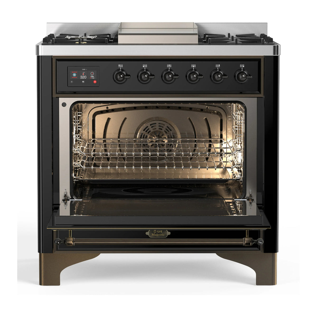 Glossy black dual fuel range with oven interior and wire rack behind triple glass door