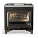 ILVE Majestic III 36-inch Dual Fuel Range with 6 Natural Gas Burner, Griddle and Triple Glass Door Electric Oven in Glossy Black with Burnished Trim (UM36FNR3BKB)