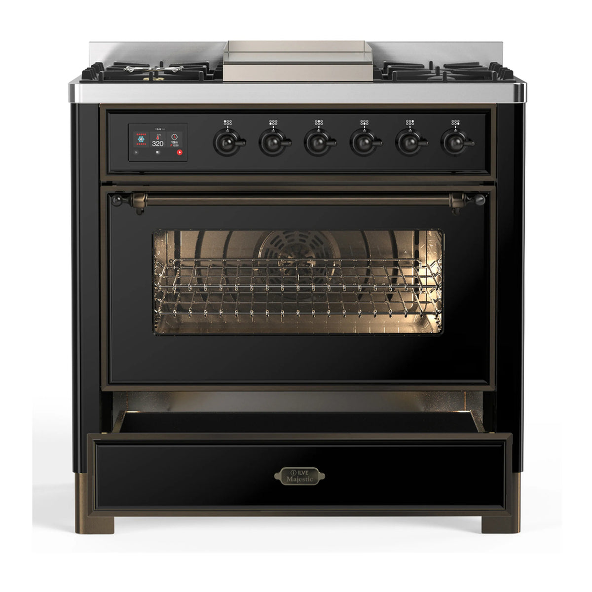 Glossy black dual fuel range with closed oven door and control panel above