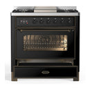 ILVE Majestic III 36-inch Dual Fuel Range with 6 Natural Gas Burner, Griddle and Triple Glass Door Electric Oven in Glossy Black with Burnished Trim (UM36FNR3BKB)