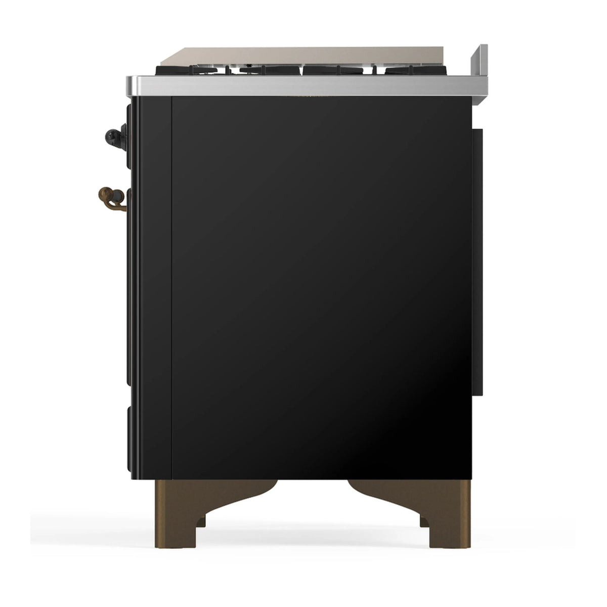 Glossy black side of dual fuel range with trim base and rear connection area