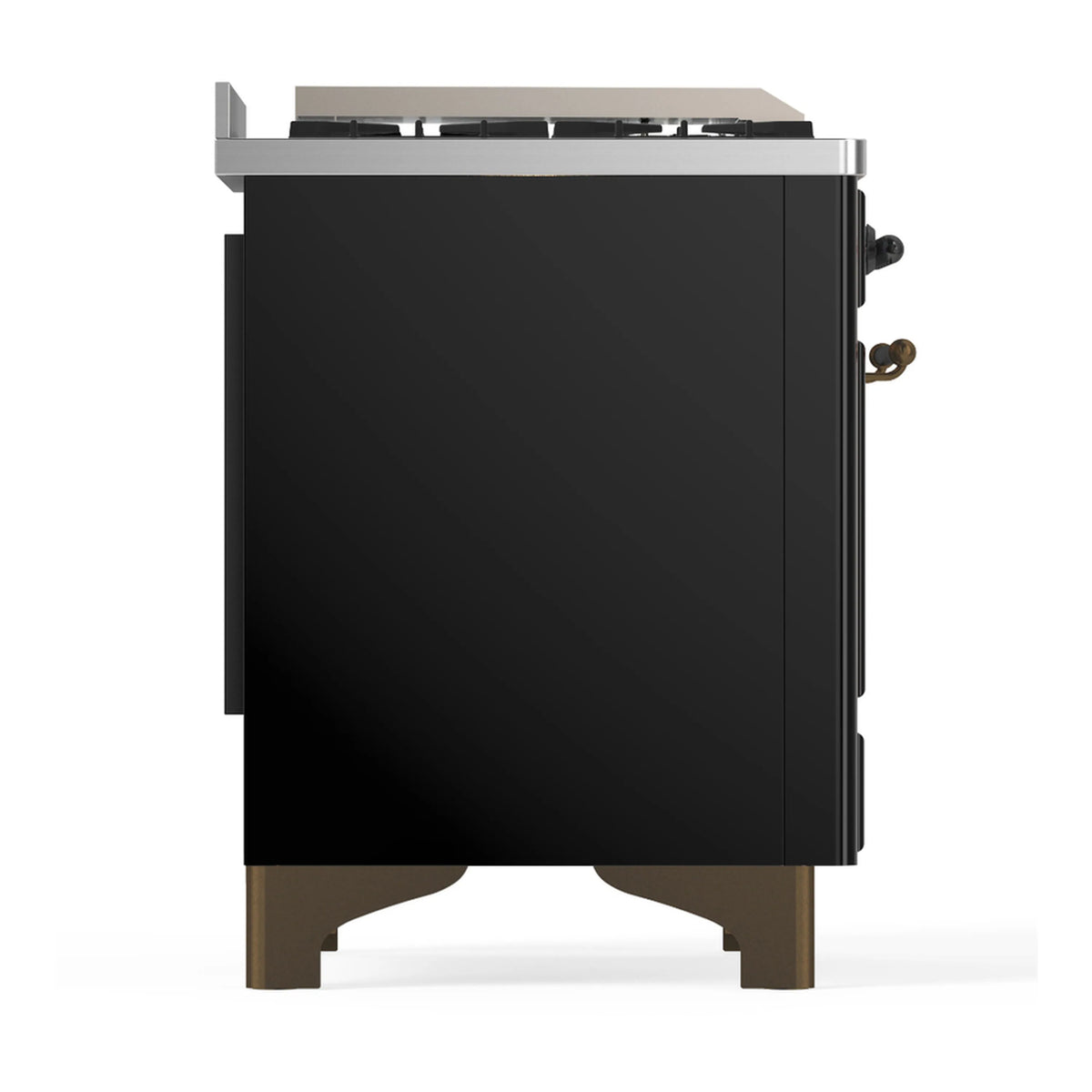 Glossy black rear-side view of dual fuel range with trim base and side controls