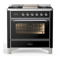 ILVE Majestic III 36-inch Dual Fuel Range with 6 Natural Gas Burner, Griddle and Triple Glass Door Electric Oven in Glossy Black with Chrome Trim (UM36FNR3BKC)
