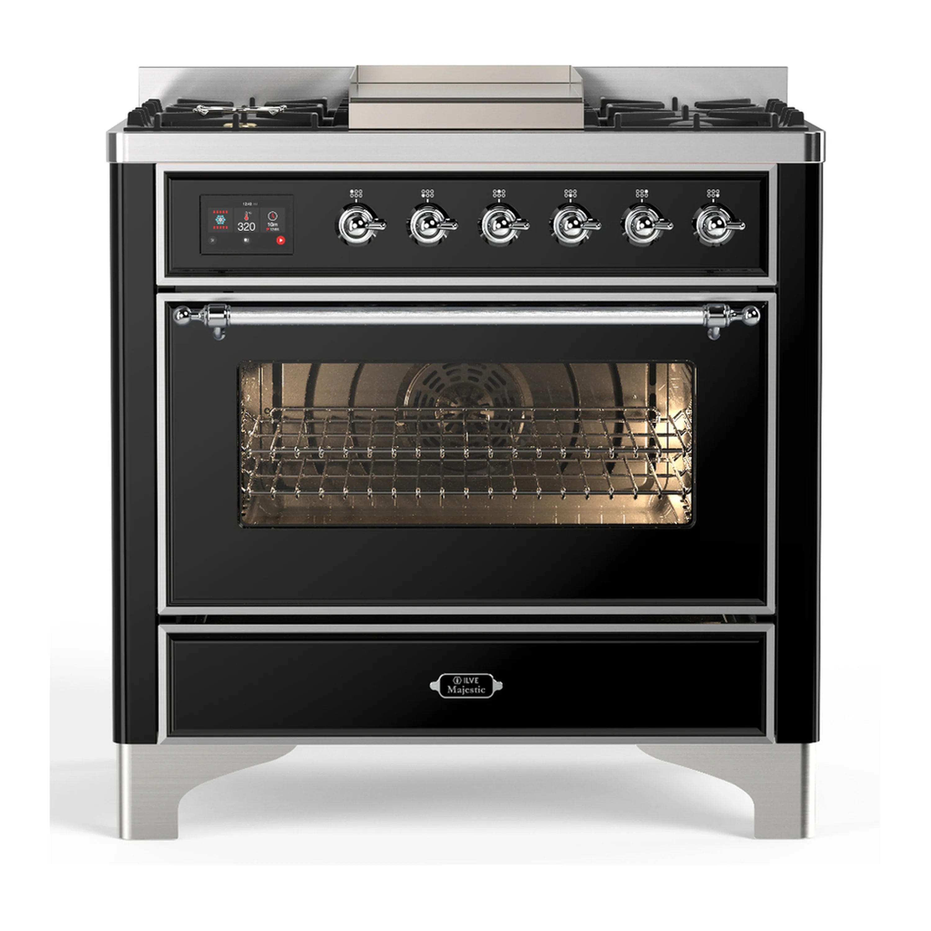 Glossy black dual fuel range with stainless trim, open oven door, and 6 gas burners
