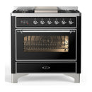 ILVE Majestic III 36-inch Dual Fuel Range with 6 Natural Gas Burner, Griddle and Triple Glass Door Electric Oven in Glossy Black with Chrome Trim (UM36FNR3BKC)