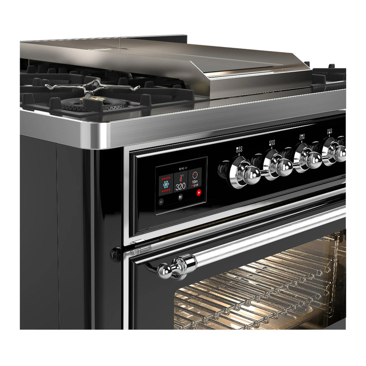 Glossy black dual fuel range with front control panel and oven door open