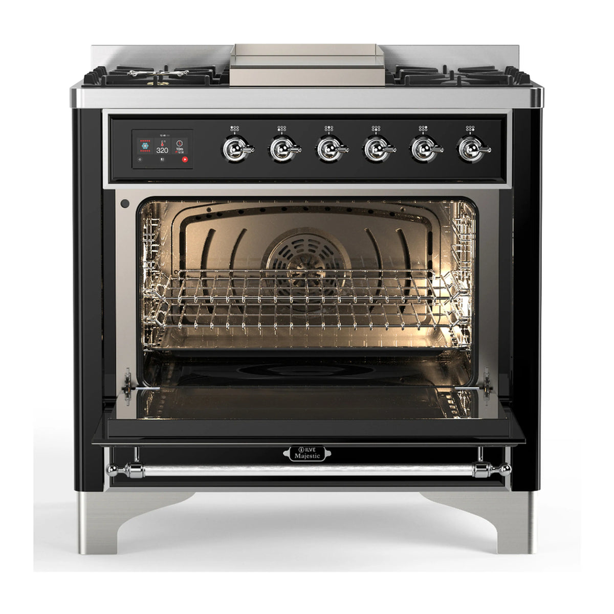 Glossy black electric oven with open door and wire rack inside; dual fuel range styling