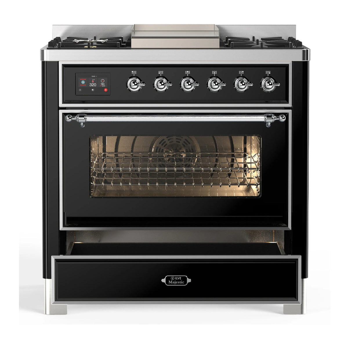 Glossy black dual fuel range with open oven door and chrome handle trim
