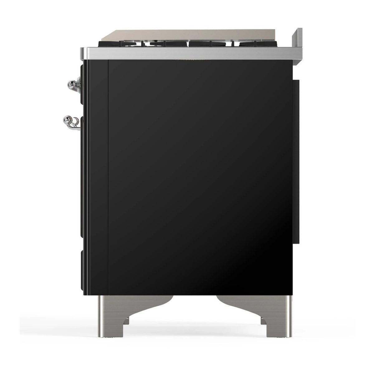 Back view of glossy black dual fuel range with stainless side legs and chrome accents