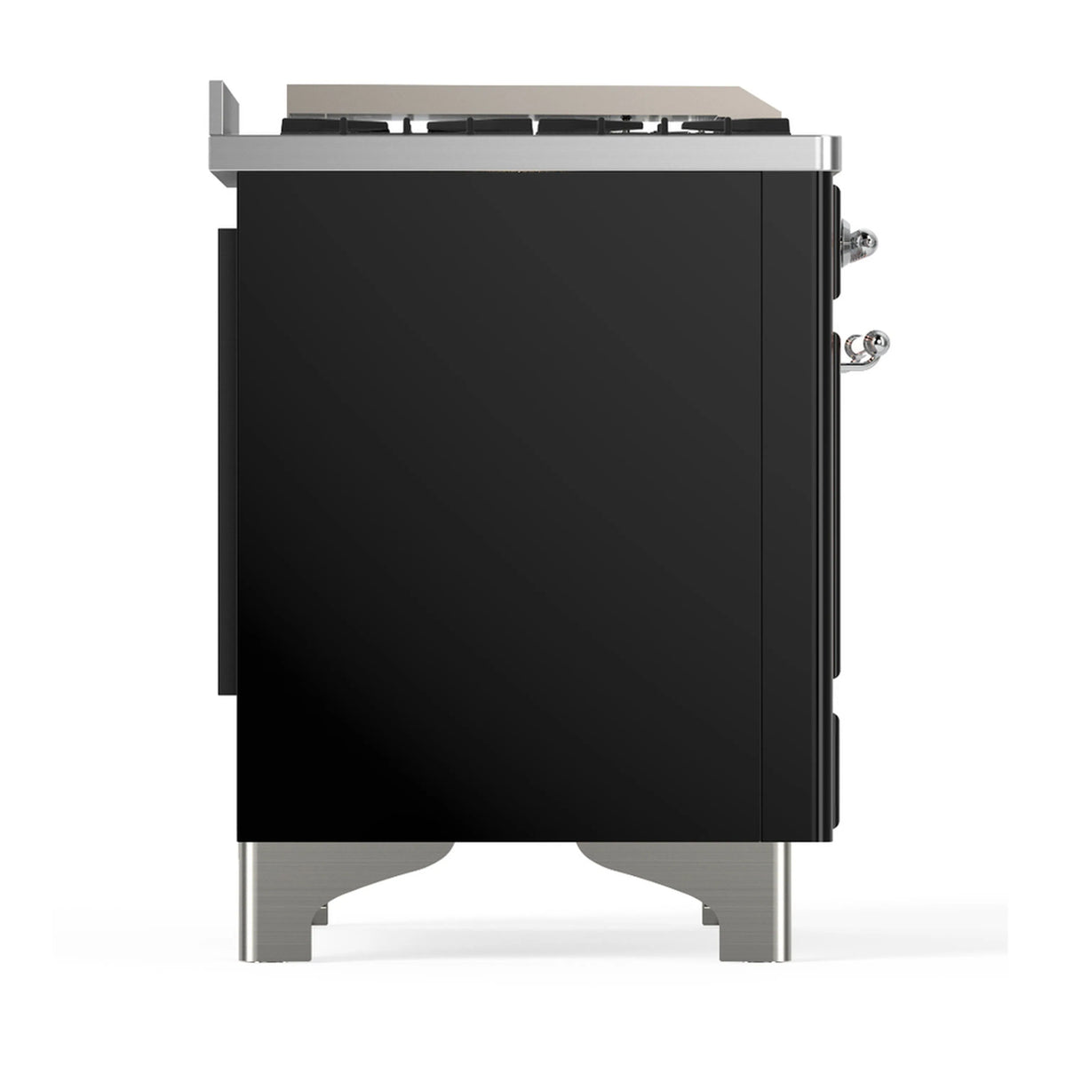 Side view of glossy black dual fuel range with stainless legs and chrome side fittings