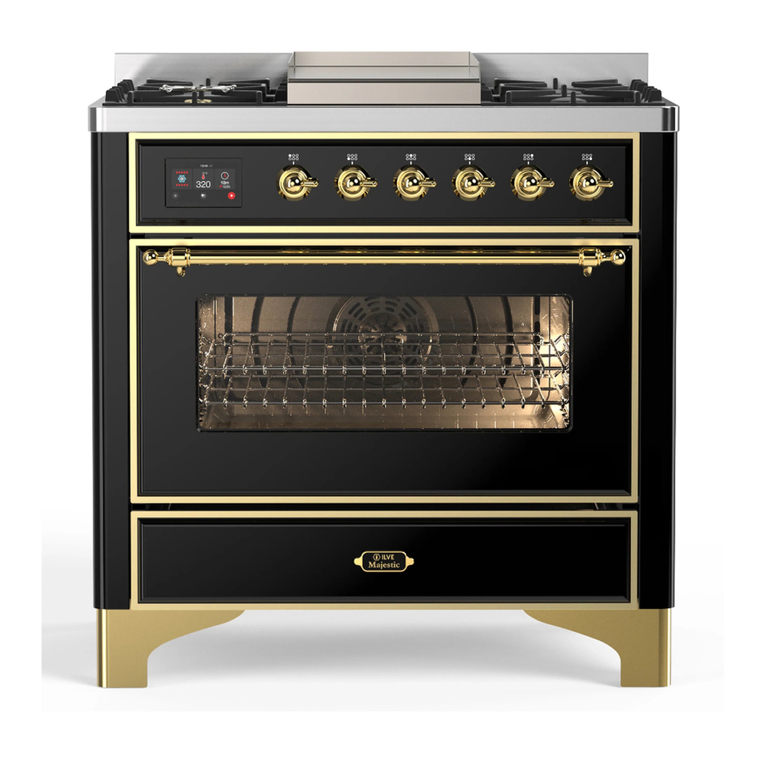ILVE dual fuel range front view, glossy black oven door closed with brass trim